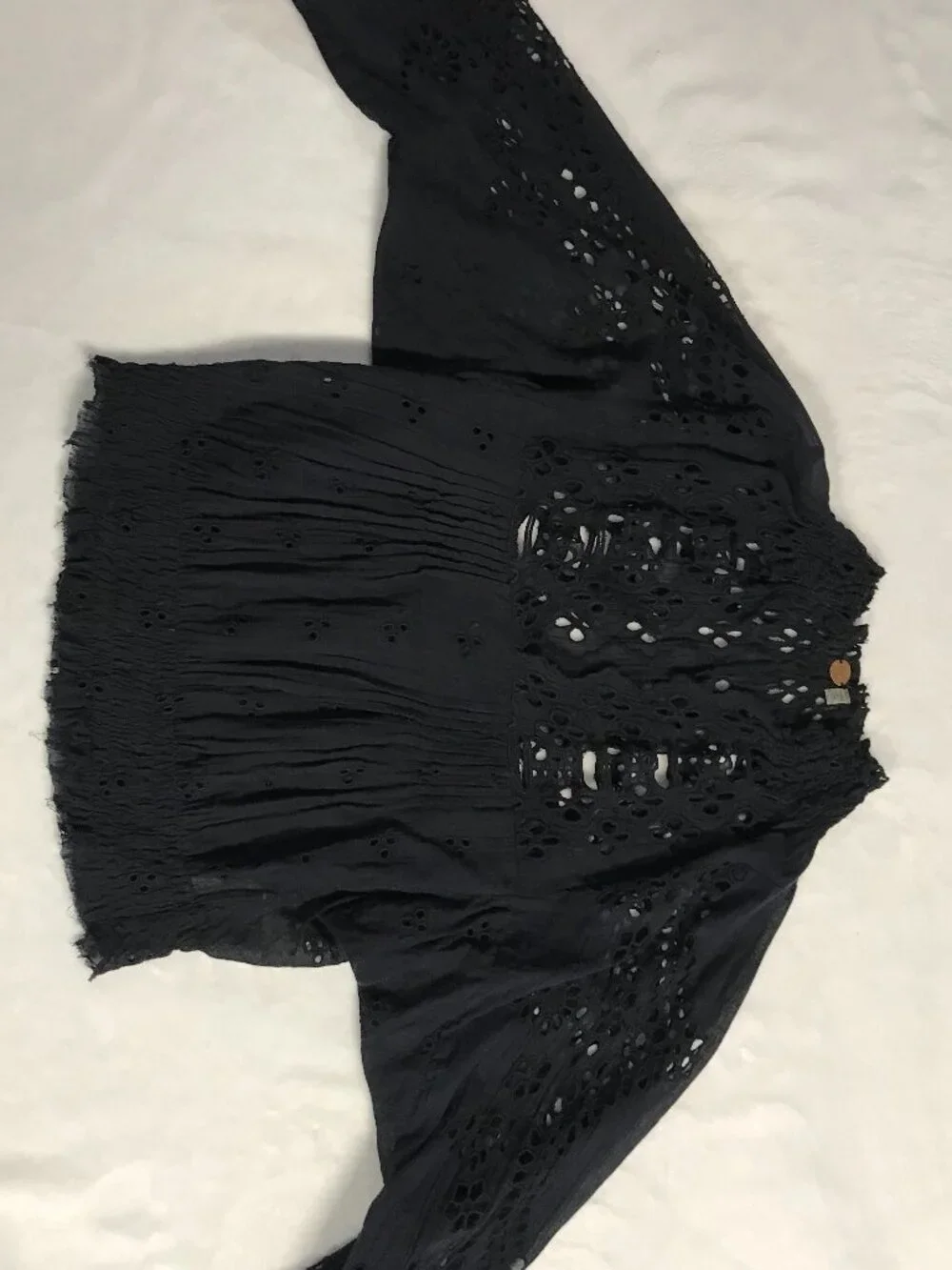 FP One Free People Black Eyelet Lace Boho Peasant Top XS Cotton Smocked Waist